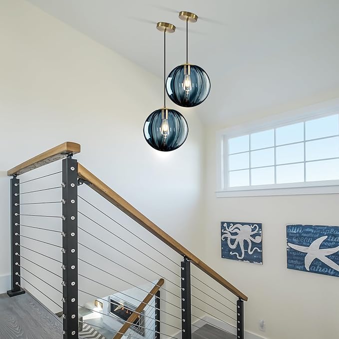 Modern Blue Glass Pendant Light, Kitchen Island Lighting 2-Pack Globe Pendant Light Fixtures Century Kitchen Island Pendant Lighting for Bedroom Living Dining Room Light Fixture (Without Bulb)
