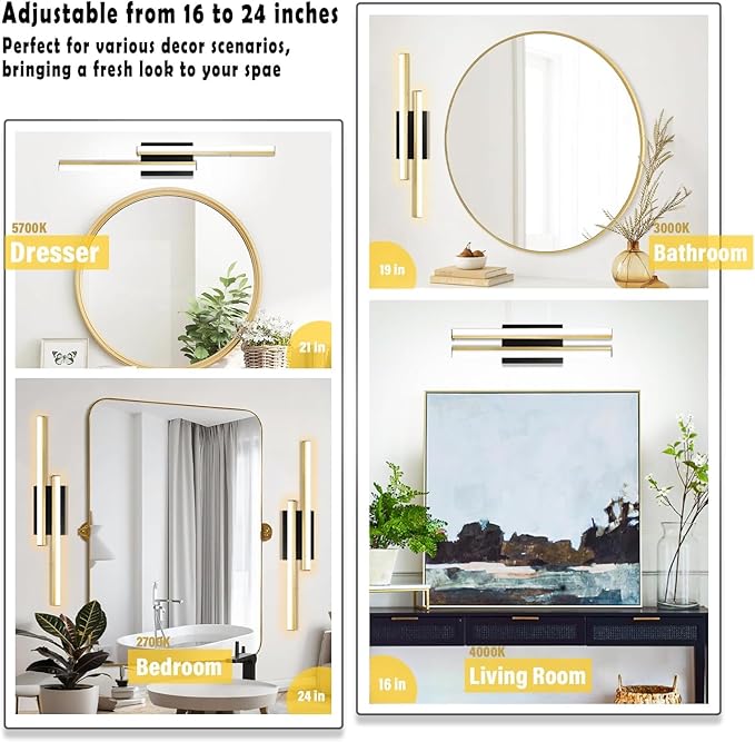Bathroom Light Fixtures Over Mirror: 24 Inch Retractable Modern LED Bathroom Vanity Light ETL Certified 5CCT Optional 2700K-5700K 25W Vanity Light Bar Dimmable - Wall Light Fixtures, Golden 1 Pack