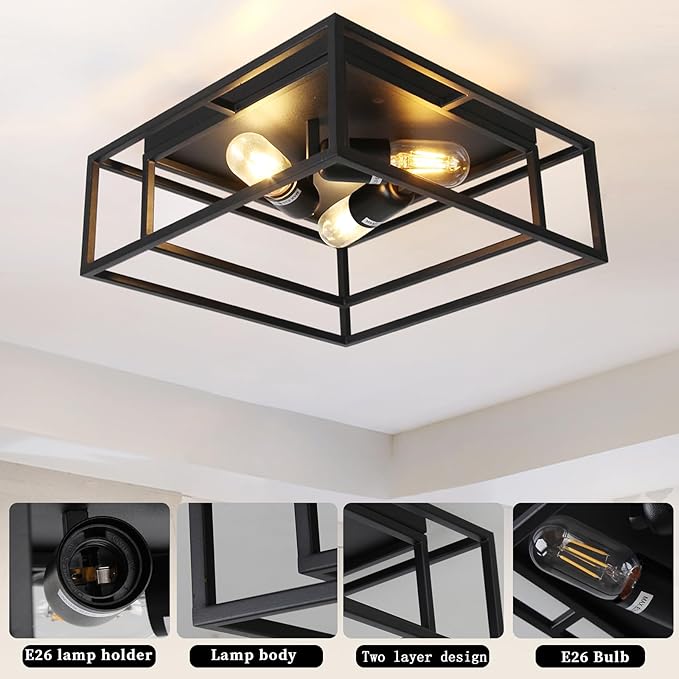 HuisMier Black Flush Mount Ceiling Light Fixture, 3-Lights Industrial Metal Close to Ceiling Lights, Farmhouse Kitchen Light Fixtures for Dining Room Bedroom Entryway Hallway