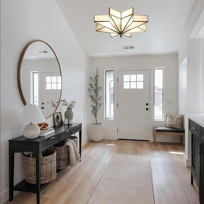 LIGHTLAND 19.7 Inch Flush Mount Star Ceiling Light, 4 Lights Brass Ceiling Lamp with Glass Lampshade, Art Deco Close to Ceiling Light Fixtures for Bedroom Living Room Entryway Hallway, Bronze Color