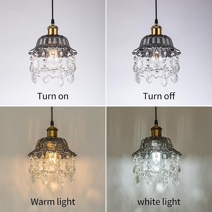 Hanging Light Grey Glass Swag Light with 14.7 Ft Plug-in Cord and On/Off Dimmer Switch, Modern Crystal Chandelier Plug in Pendant Light for Bedroom Kitchen Sink, 9.84 inches, 1-Pack