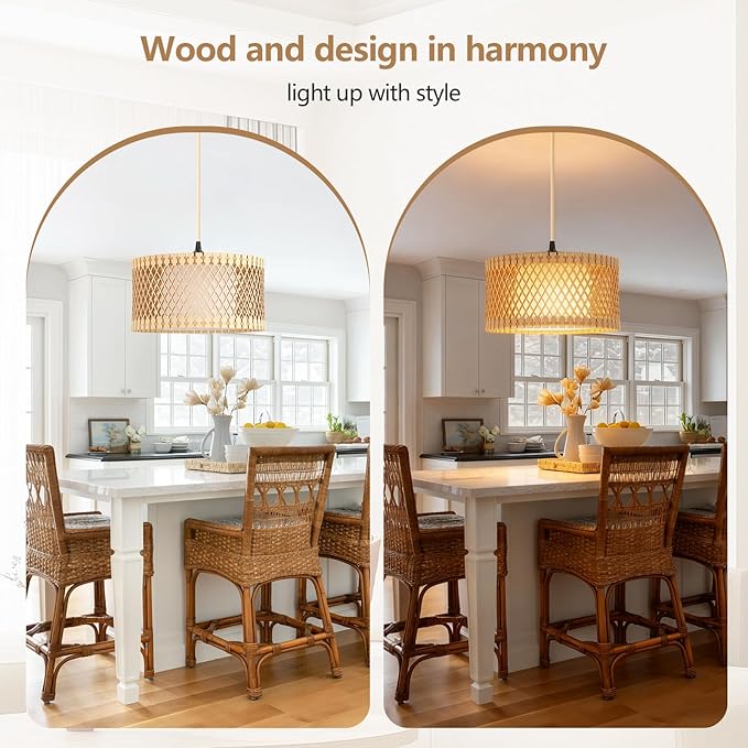 ZSLAIFU Hanging Lamp Plug in Pendant Light, 15FT Hanging Lights with Plug in Cord, Hanging Light with Bulb and Remote, Wood Shade Hanging Lamps for Bedroom, Living Room, Kitchen, Farmhouse