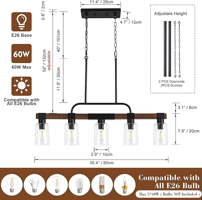 Farmhouse Dining Room Light Fixtures Over Table，Rustic Ceiling Pendant Lights Kitchen Island，5-Light Wood Kitchen Island Lighting Linear Chandelier with Clear Glass lampshade