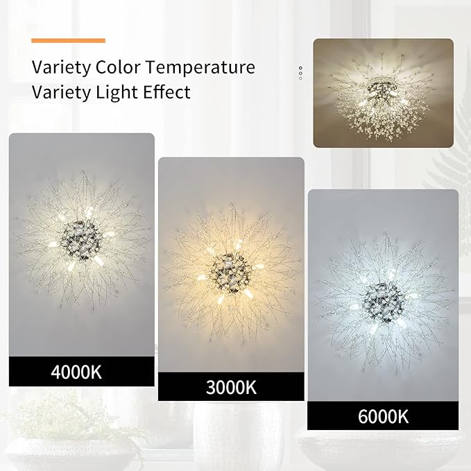 CM MZY Chrome Firework Flush Mount Ceiling Light Fixture, Modern Crystal Sputnik Firework Ceiling Lights, 6-Light Close to Ceiling Lighting Fixtures for Bedroom Kitchen Hallway Entryway