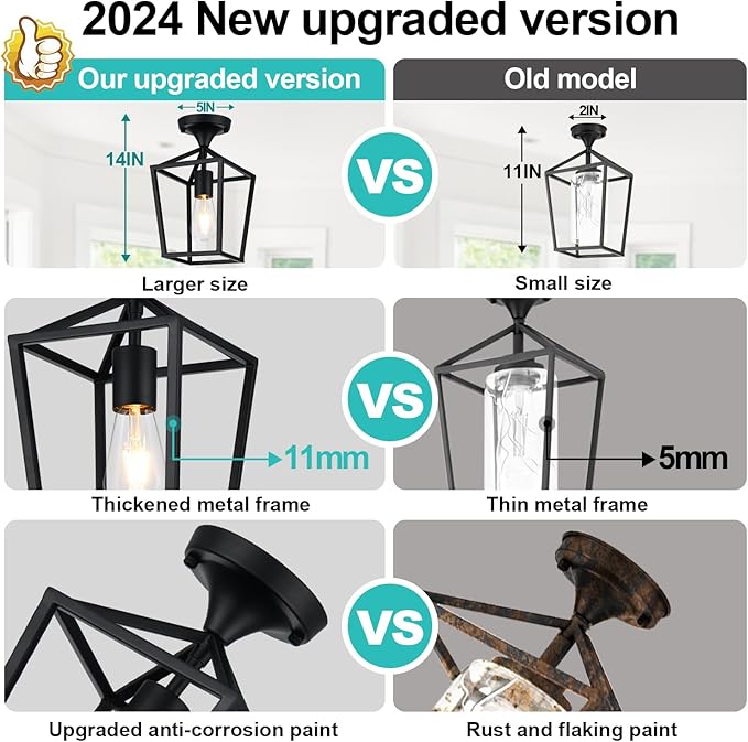 【Upgraded】Semi Flush Mount Ceiling Light, Black Industrial Ceiling Light Fixtures, Farmhouse Light Fixture for Hallway Stairway Garage Living Room Dining Room Balcony（Not waterproof, Not for Outdoor）