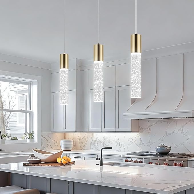 OKELI Modern Pendant Lights,LED Bubble Crystal Kitchen Island Light Fixtures,Mini Single Pendant Lighting for Kitchen Island,Bar,6W,6000K,Gold,3Pack