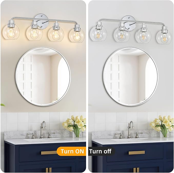 Bathroom Light Fixtures Chrome Vanity Light 27 Inch Silver 4 Light Modern Wall Sconces Lighting Bathroom Lights with Globe Glass Shades Bath Wall Lights for Mirror Kitchen Living Room Hallway