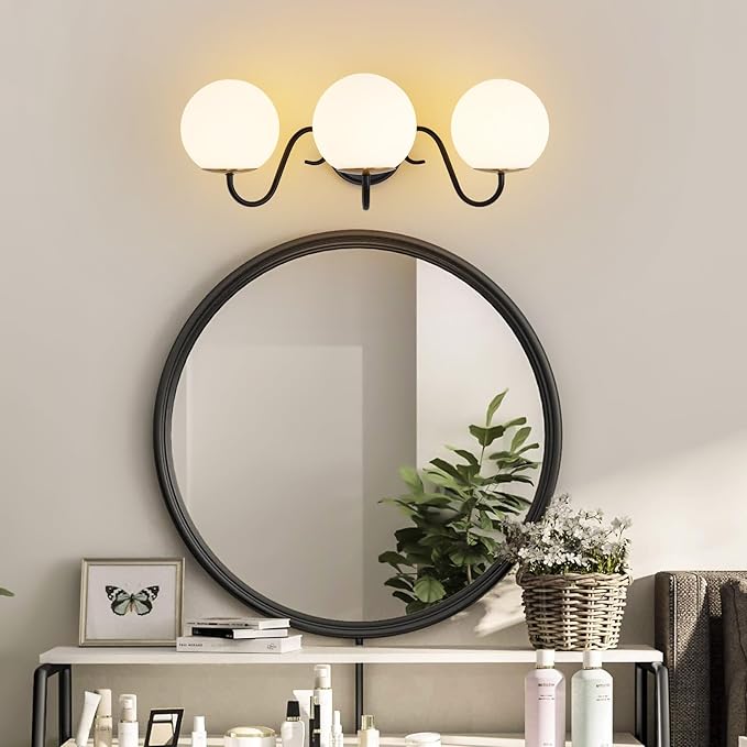3 Lights Vintage Bathroom Vanity Light Fixtures Over Mirror, Matte Black Vanity Lights For Bathroom With Milk White Glass Globe Shade, Wall Lights For Bedroom, Hallway, Dressing Table(Includ G9 Bulbs)