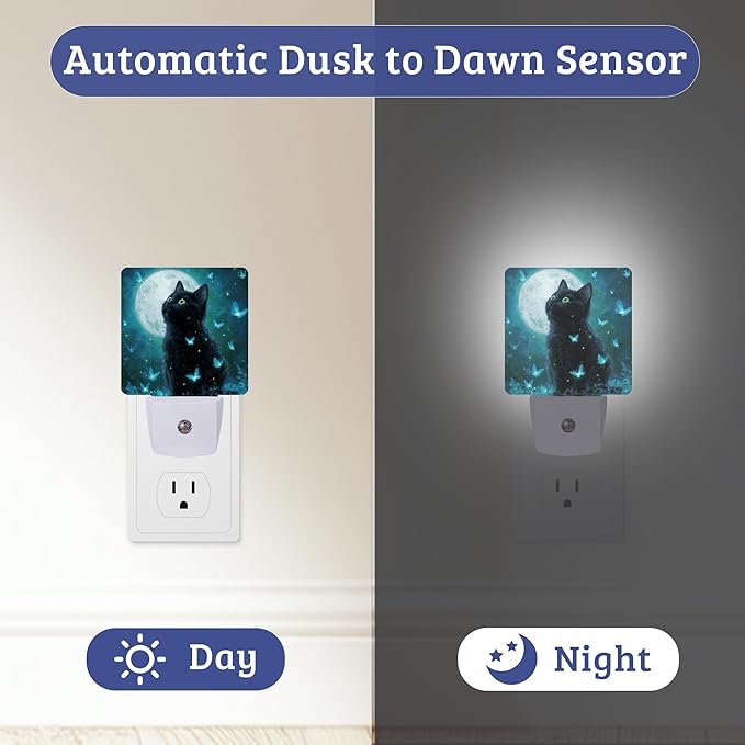 Cat Under The Moonlight Night Light, Plug-into Wall Nightlight Lamp with Dusk to Dawn Sensor, Led Lamp 0.5W Energy Efficient for Boys Girls Women Men Gifts, Home Decorative
