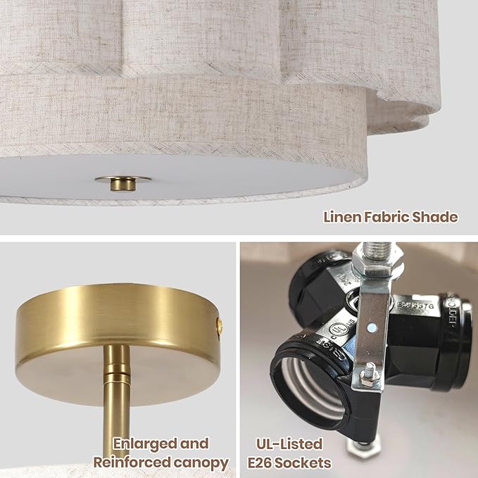 17.7" Modern Drum Semi Flush Mount Ceiling Light,3-Lights White Drum Ceiling Lighting Fixture,Vintage 2-Layer Linen Ceiling Lamp for Dining Room,Kitchen, Basement, Bedroom, Laundry Room