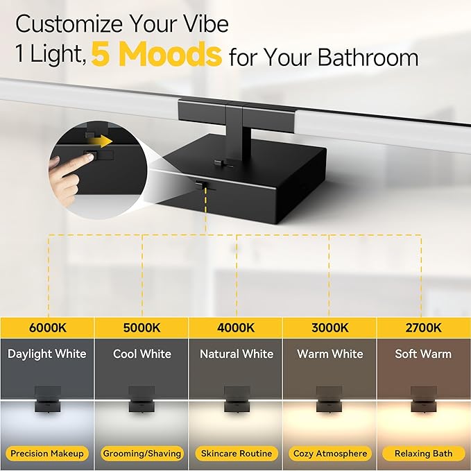 Vanity Lights 32 inch, 4-Level Brightness Built-in Dimmer, 18.5W Dimmable 5CCT Bathroom Light Fixtures Over Mirror, Black Vanity Lights for Bathroom Mirror Bedroom-FCC & ETL Certified