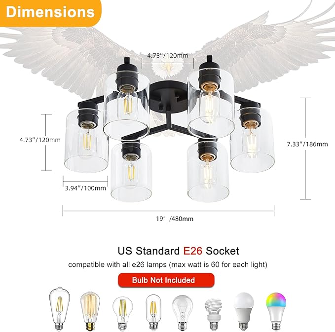 YYT 6-Light Semi Flush Mount Ceiling Light Fixture, Black Light Fixtures for Dining Room Ceiling, Large Kitchen Lighting Fixtures Ceiling for Living Room with Clear Glass Shade