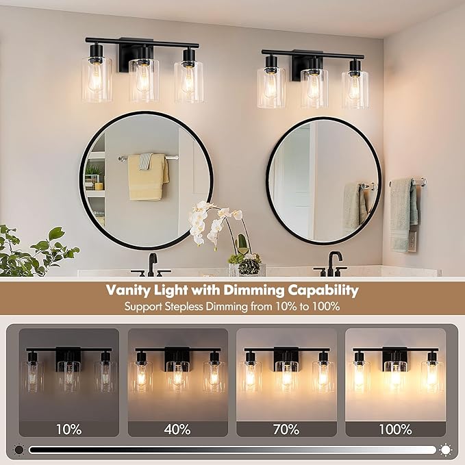 Battery Operated Wall Sconce, 3-Light Black Wireless Rechargeable Vanity Light Fixture with Remote & Bulbs, Dimmable Modern Indoor Non-Hardwired Wall Mounted Lamp for Bedroom, Living Room, Bathroom