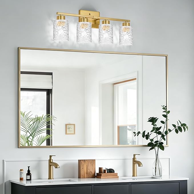 Brushed Gold Bathroom Light Fixtures, 4-Light Modern Bathroom Vanity Wall Light, Vanity Lights for Mirror, Wall Sconces with Clear Textured Glass (E26 Socket, Bulbs Not Included)