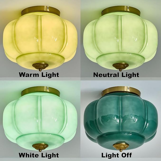 LIGHTLAND Milk Glass Ceiling Light, 15 Inch 3-Light Metal Glass Flush Mount Ceiling Light Fixture for Entryway, Hallway, Living Room, Bedroom (Style C, Green)