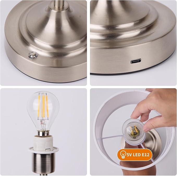 Rechargeable Cordless LED Table Lamp Fabric Shade Desk Lamp, 3-Level Dimmable Touch Control, 5200mAh, Patio Table Lamp, Bedside Night Lamp, Ambient Light for Restaurant.(Silver)