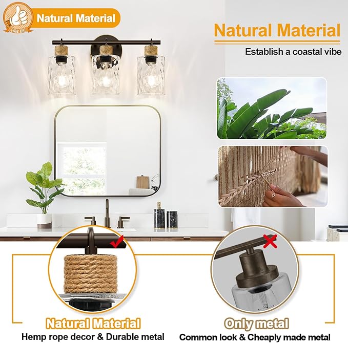 MOKATNG Bathroom Light Fixtures, 3-Light Coastal Vanity Lights with Crystal Glass Shade, Oil-Rubbed Bronze Bathroom Wall Lamp for Mirror Kitchen Hallway Cabinet