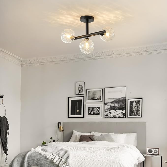 Modern Globe Glass Ceiling Light: 13 Inch Sputnik Semi Flush Mount Light with Hammered Clear Glass Shade - 3 Lights Black Ceiling Lighting Fixture - Dimmable Linear Chandelier for Bedroom Living Room