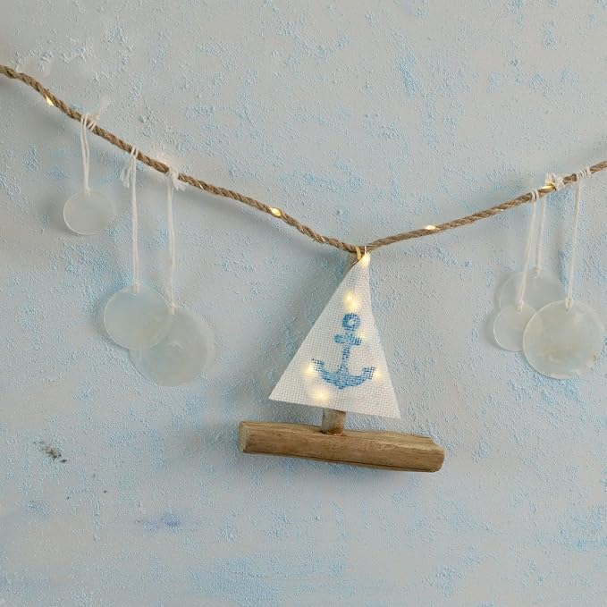 MIYA LIFE Nautical Decor Sailboat Ocean Light with Capiz Wind Chimes - 6.5FT 70LED Beach Garland with Lights Battery Operated with Remote for Coastal Room Beach Decor