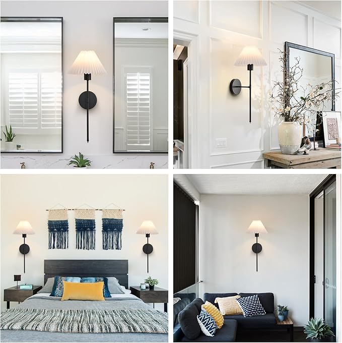 Battery Operated Wall Sconces Set of 2, Black Rechargeable Wall Lights with Pleated Shades, Dimmable Wall Lamp with Remote, Easy to Install, 15 Colors Wireless Lighting for Living Room Bedroom