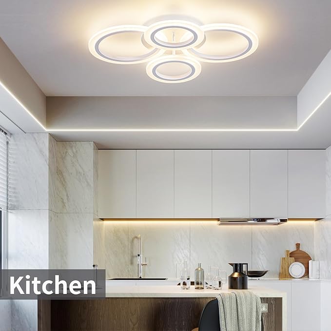 Shine LUEST 34W LED Ceiling Light with Remote, 3000-6000K Dimmable Modern Flush Mount Ceiling Lighting Fixture White 4 Rings Round Chandelier Ceiling Lamp for Small Room, Bedroom