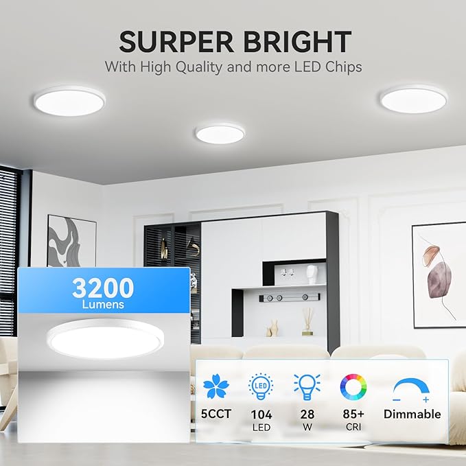 12Inch Dimmable LED Ceiling Lights, 5 Colors Selectable (3000K-6000K) Flush Mount, Ultra Thin (0.87Inch) for Living Room (White, 12in-4Pack(5 Colors))