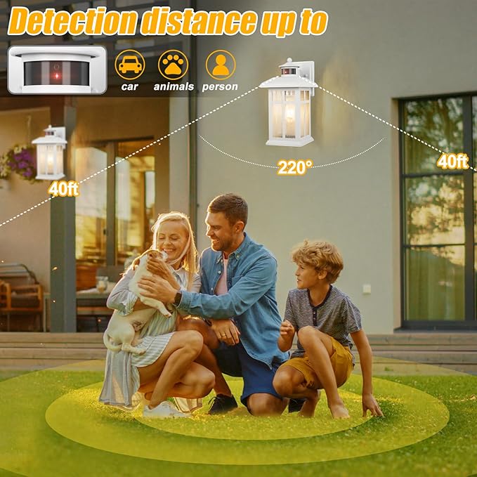 Brilvibera Dawn to Dusk Motion Sensor Wall Light Fixtures - White Wall Mount with E26 Sockets & Tempered Glass, Waterproof Outdoor & Indoor Lights for House, Porch, Garage, Door
