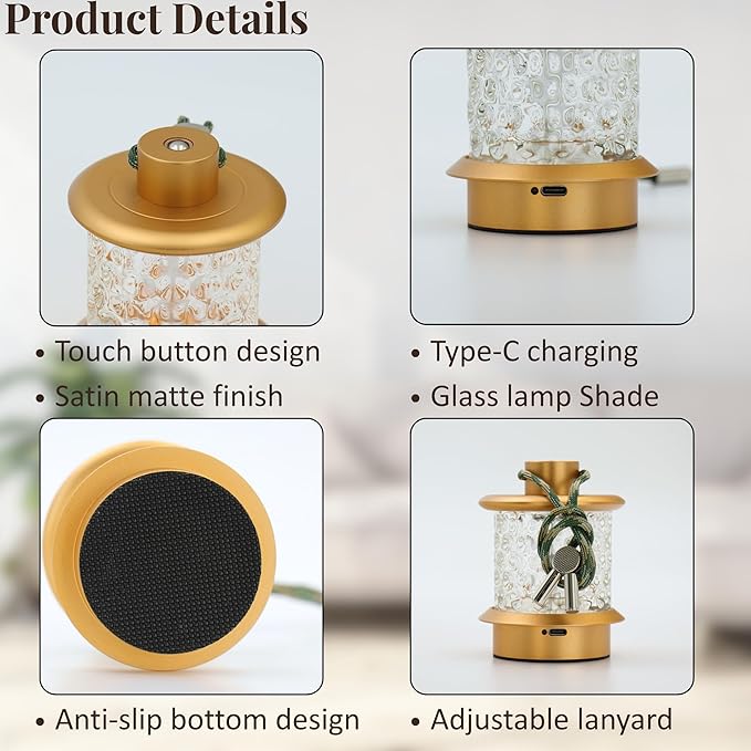 HAPYGI Portable Lantern Table Lamp - Dimmable Cordless Night Light with 3 Color Temperatures, Rechargeable Metal & Glass Outdoor Indoor Lamp for Patio Bedroom Bathroom Decor (Gold)