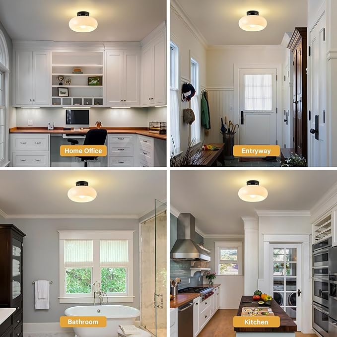 Mid-Century Modern Black Semi Flush Mount Ceiling Light,White Glass Dome Hallway Lighting Fixtures,Metal Close to Ceiling Lamp for Entryway Bathroom Kitchen Bedroom Porch Foyer Office (11 Inch)