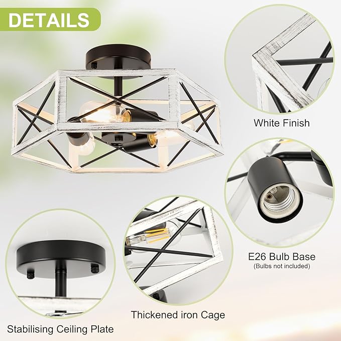 Wilon Modern Flush Mount 3-Light Industrial Kitchen Ceiling Lights - Farmhouse Style, Oak White, Rustic Finish for Bedroom Hallway Foyer