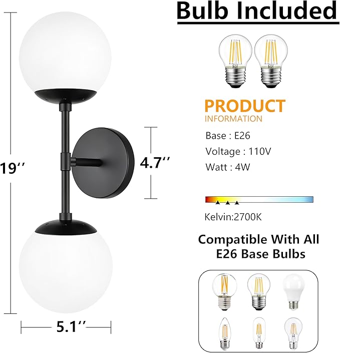 KoKo&Yukina Mid Century Modern Bathroom Matte Black Bathroom Vanity Light Fixtures Globe Sconce 2 Light Vanity Light Milky White Vanity Light Mid Century Wall Sconce