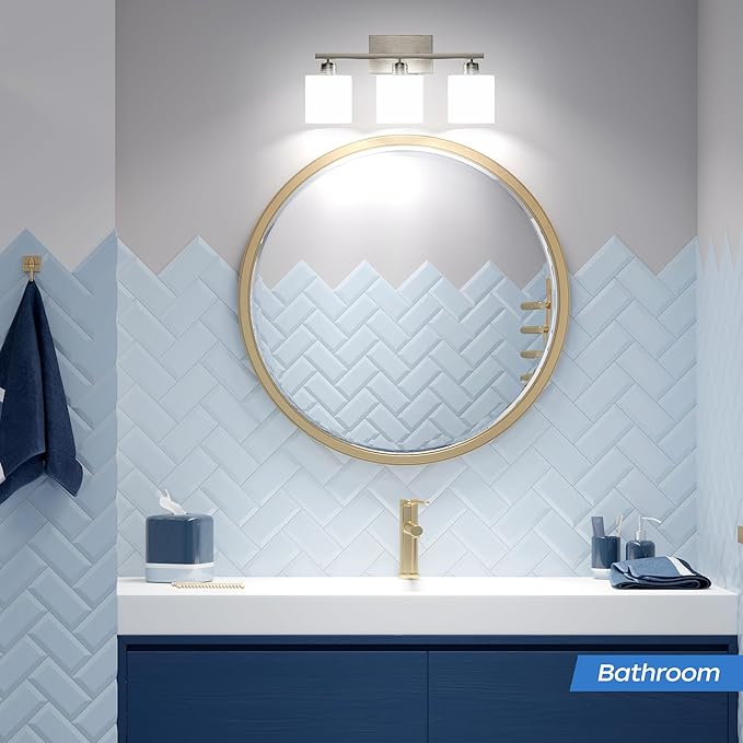 PARTPHONER Bathroom Light Fixtures, Bathroom Lighting Fixtures Over Mirror, Classic Vanity Lights, Modern Vanity Light with Textured Frosted Opal White Glass Shades, Brushed Nickel, 3-Light
