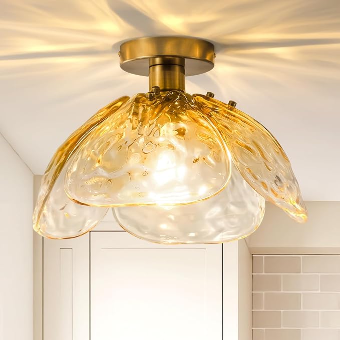 Vintage Semi Flush Mount Ceiling Light,Bronze Ceiling Light Fixtures with Gradient Amber Handmade Leaf Glass for Bedroom,Kitchen,Hallway,Entryway