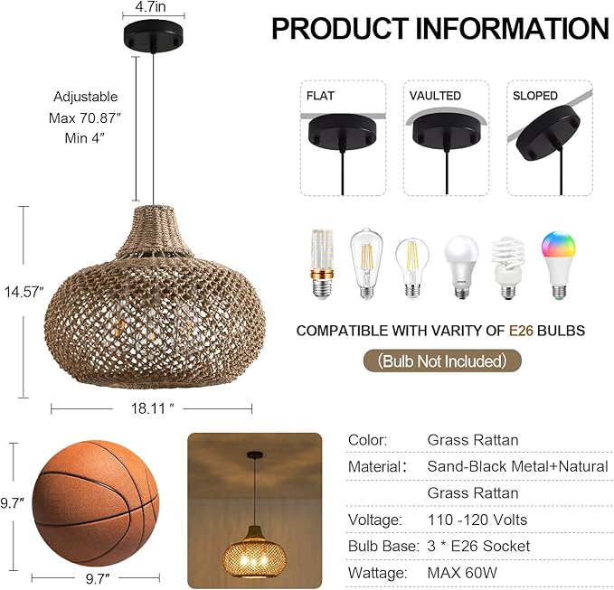 18.11" Rattan Pendant Light,Boho Hand Woven Wicker Hanging Light Seagrass Rattan Chandelier for Dining Living Bedroom