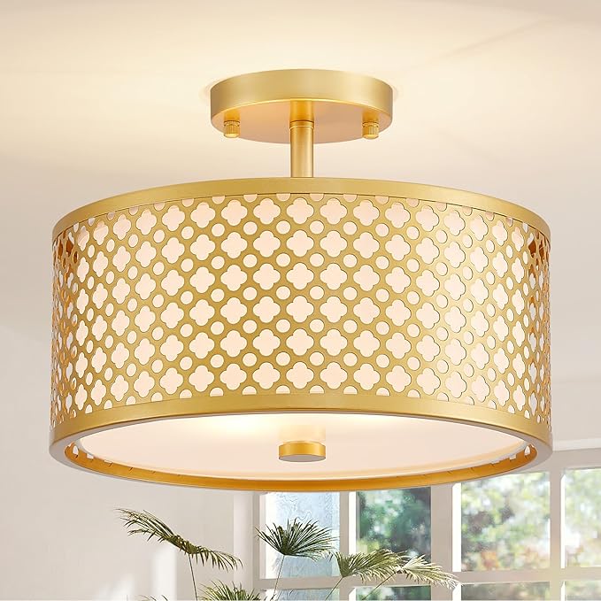 Farmhouse Drum Ceiling Light, 2-Light Mid-Century Modern Semi-Flushmount Light Fixture for Bedroom, Entryway, Kitchen, D13xH9inch, Gold Finish Patterned Lampshade & White Fabric Inner Shade