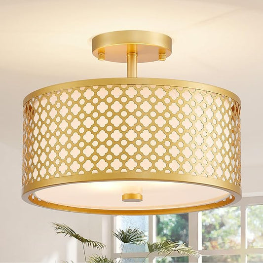 Farmhouse Drum Ceiling Light, 2-Light Mid-Century Modern Semi-Flushmount Light Fixture for Bedroom, Entryway, Kitchen, D13xH9inch, Gold Finish Patterned Lampshade & White Fabric Inner Shade