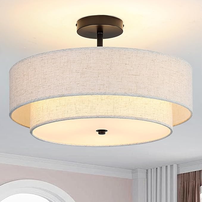18" Semi Flush Mount Ceiling Light with Fabric Lampshade Modern Drum Ceiling Lamp Black Ceiling Light Fixture for Dining Room Kitchen Bedroom Living Room