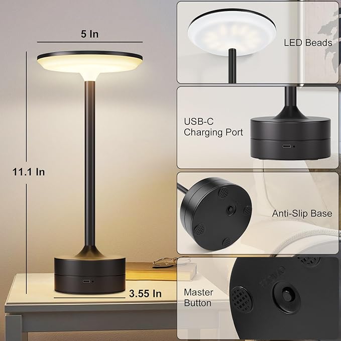 FRIDEKO HOME Cordless Table Lamp Portable LED Desk Lamp Battery Operated 3 Color Desk Light Stepless Dimming Night Light for Restaurant/Bedroom/Bars/Outdoor Party/Camping/Coffee Shop