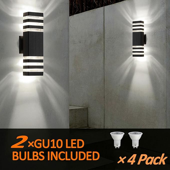 tewei 4 Pack Outdoor Wall Lights, Modern Exterior Light Fixture Wall Mount Black Outside Lights for House Waterproof Aluminum Up and Down Porch Lights Outdoor Wall for Porch Patio Garage, 3-Layer