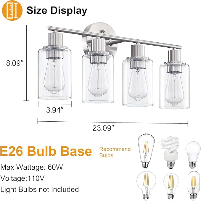 Pia Ricco Bathroom Vanity Light Fixtures, 4-Light Bathroom Wall Lights with Clear Glass Shades, Modern Wall Sconce Over Mirror, Bath Wall Sconces for Mirror Living Room Bedroom Hallway