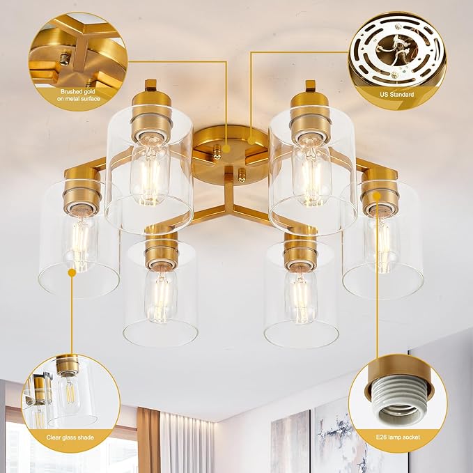 Gold Kitchen Lighting Fixtures Ceiling Dining Room Light Fixtures Brass Kitchen Ceiling Light Fixture Large Chandelier for Living Room Semi Flush Mount with Clear Glass Shade