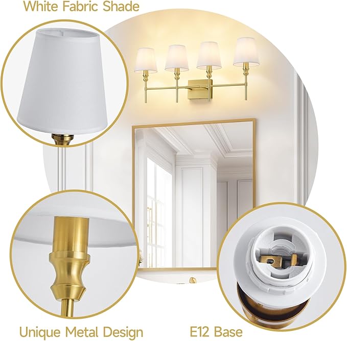 Bathroom Lights Over Mirror, 32.3 in 4-Light Bathroom Vanity Light, Brass Bathrooms Light Fixtures with Flared White Fabric Lampshade for Bedroom,Living Room,Dressing Table,Hardwired,E12 Base