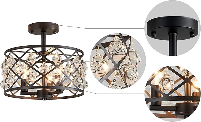 AGV LIGHTING CH013 Farmhouse Semi Flush Mount Ceiling Light Fixture, E12 Base 3-Lights, D13 x H12, Matte Black Finish