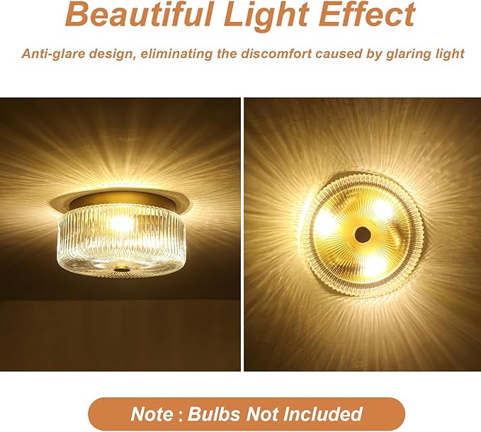 11.8 Inch Gold Flush Mount Ceiling Light, Mid-Century Modern Luxury 3-Light Close to Ceiling Light Fixture with Clear Striped Glass Shade, Elegant Lighting for Bedroom Hallway Kitchen Entryway Foyer