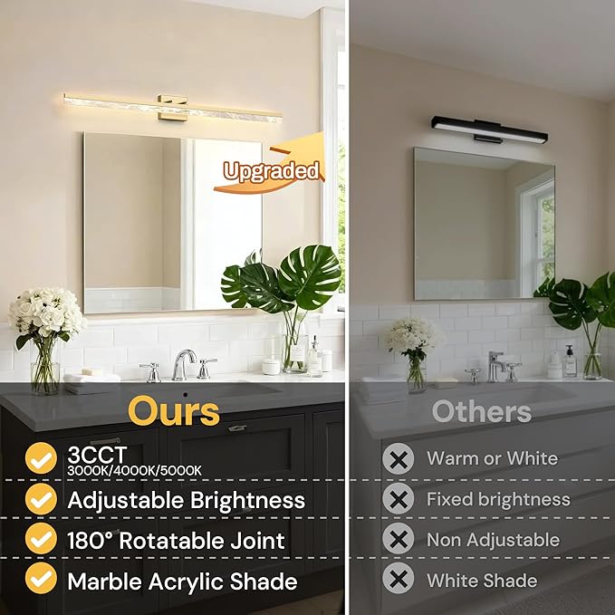 L LOHAS LED 48-Inch Bathroom Vanity Light Bar Over Mirror, Gold Modern Bathroom Light Fixtures with Marble Acrylic Shade, 3CCT Adjustable LED Vanity Lights for Living Room Wall