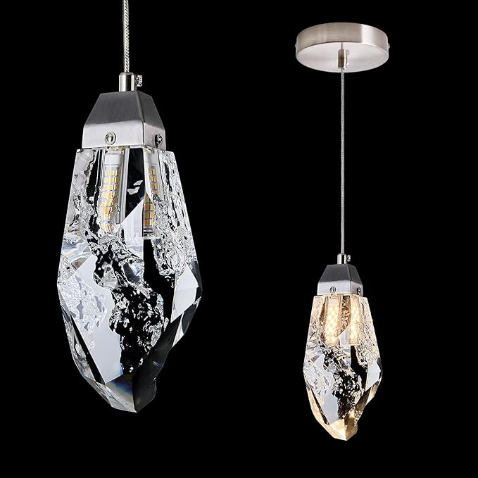 Brushed Nickel Crystal Pendant Light with Prism K9 Crystals, Modern LED Kitchen Island Hanging Light Fixture Adjustable Single Pendant Chandelier for Dining Room, Bedroom, Bathroom, Bar