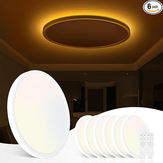 6 Pack 12 Inch LED Flush Mount Ceiling Light with Night Light 2000K, 3000K-6000K 5 Color Temperature 24W 2400LM Ultra-Slim Ceiling Light Fixture with Remote, Round Ceiling Lights for Bedroom, Kitchen