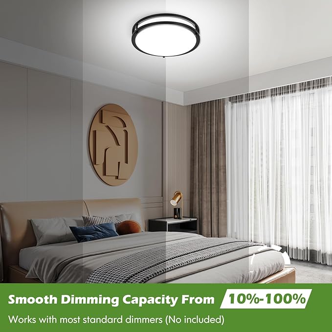 GoBright 16 Inch 50W LED Ceiling Lights, Dimmable Black Flush Mount Ceiling Light, 2700K/3000K/4000K/5000K/6500K Adjustable, 5400LM Super Bright Ceiling Lamp for Bedroom Kitchen Office, 1-Pack