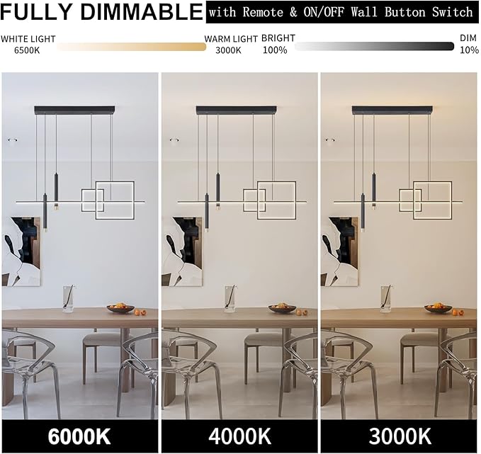 ORANOOR Modern LED Chandelier Lighting, Dimmable Linear Black Pendant Light with Squares, 39in Dining Room Hanging Light Fixture, Kitchen Island Pendant Light for Dining Table Bar (3000lm/50W)