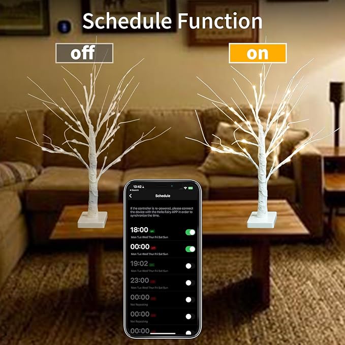 2FT Smart Birch Tree with LED Lights, Bluetooth App Controlled, 18 Modes, Dimmable, Timer, Music Sync, Warm White LED for Indoor Christmas Tabletop Centerpiece, Wedding & Valentine’s Day Decor, 2 Pack